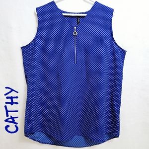 By Cathy, Cobalt Blue Polka Dots Zippered Sleeveless Top, Size XL